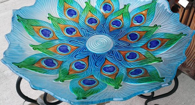 Hand Painted Glass Birdbath With Metal Scroll Stand